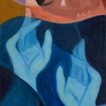 Painting on paper of blue hands and an orange face looking down
