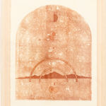 Madeleine Tonzi - Traced print in shades of red of a sea shell at the front, two arches at the horizon in front of mountains and beneath the half dark and half light orb.