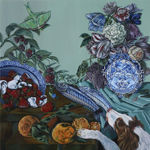 Painting of a a dog grabbing a whole fish from a table that is covered in strawberries, oranges and a giant bouquet of flowers with a moth flying over head.