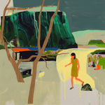 woman in a green dress walking through a disjointed abtract background