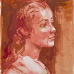 Painting by Rachel Gregor of a woman in shades of purple and brown