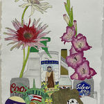 Drawing of beer cans, flowers, dog stuffed animals, and a candle with Jesus on it