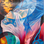 Painting of a ghost like figure floating amongst trees and a planet