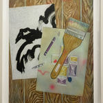 Drawing on paper of a paintbrush and two works of art