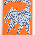 Painting of an outline of a dog chasing a ball in white with dark blue lines on an orange background
