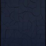 Framed deep blue colored wood relief sculptural piece made up of spiral shapes and curves by artist Scott Albrecht