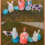 Painting of two photos showing the front and back of lawn decorations including Joseph and Mary, the Easter Bunny, two Easter Eggs and a cow
