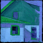 painting of a house in blue, green, and periwinkle palette