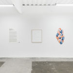 Installation view of Scott Albrecht's exhibition "What Holds Us" at Hashimoto Contemporary, San Francisco. Depicted from left to right: Exhibition wall text, "What Holds Us," and "Slow Feeling."