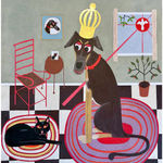 James Eddy - pastel drawing of a chihuahua with a crown looking down on a black cat in an interior space, the sun with an angel in front of it shines through the window