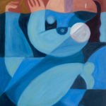 Drawing on paper of abstract geometric women in shades of blue and red