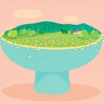 Danym Kwon - painting of a teal bowl contain a landscape and a with house with red roof. the background is painted pastel red.