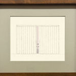 Framed drawing of a little girl peeking out from two window curtains