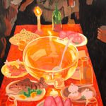 Painting by Nicholas Bono Kennedy of an orange dinner table with various foods and figures around the table