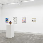 Install Image of "Oddkin", from left to right, “We Eat Lunch at Noon”, “Shelf with Fish, Sunburst & Plants”, “Forever a Leaky Lip”, “Untitled Urn #6”, “THIS THING OF OURS”, “Pale Lilac Trash”, “A Craving”, “We Wanted The You and The Me For Ourselves”