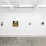 Installation view of Angela Burson's exhibition "Close Encounters" at Hashimoto Contemporary San Francisco depicting (from left to right): "Footward," "Blue Shoes, "Room 715," "Pink Bow," and "Moss House"