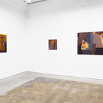 installation view of Adrian Kay Wong's exhibition "Same Time, Same Place," at Hashimoto Contemporary, San Francisco. From left to right: "Double Happiness," "Backlit," and the diptych painting "Waiting."