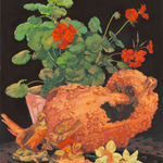 Still life painting of a gourd with birds and flowers