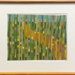 Painting of an abstract yellow road in a green grass field in wooden frame