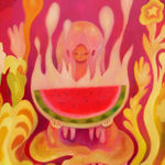 Painting of a woman holding half of a watermelon