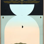 painting by Madeleine Tonzi of a landscape in neutral greens, blues, and oranges with an hourglass shape in the middle and plant stemming out of it