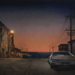 Kim Cogan painting of San Francisco city street with vintage car at dusk