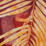 painting by Genevieve Cohn of a woman in a floral print dress bent over holding leaves in her hand