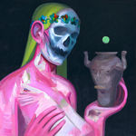 Corey K. Lamb - painting of a blonde women with skull face holding a pot in her left hand, She in nude but wearing a wreath on her head. The background is black contrasting the bright pink flesh.