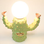 Jen Dwyer sculpture lamp of green cactus with gold lips holding pink flowers