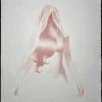 Red drawing of a nude woman with a veil on her head with her hair covering her face