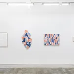 Installation view of Scott Albrecht's exhibition "What Holds Us" at Hashimoto Contemporary, San Francisco. Depicted from left to right: "Resting In A Memory," "A Silent Echo," "Tracing Time," "Poems for Tomorrow," and "A Lasting Exhale."