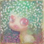 Painting of a figure with large pink eyes and green hair with white flowers in its hair