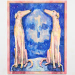 Brandon Vosika - acrylic and pencil on canvas, two dogs sitting on the same platform and looking towards each other, blue background with lighter shaded smiley face in between the dogs, hand painted pink frame.