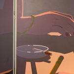 detail of a painting on a wooden room divider by artist Adrian Kay Wong depicting layered composition of an interior setting with two individuals sitting at a table, obscured by a partially opened door and door frame respectively