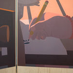 detail of a painting on a wooden room divider by artist Adrian Kay Wong depicting layered composition of an interior setting with two individuals sitting at a table, obscured by a partially opened door and door frame respectively