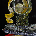 Detail photo of the oil painting still life, focusing on the glass and oysters by Sabrina Bockler