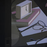 Still life painting of a bedside table with an alarm clock on top of a book and a pair of glasses besides it.