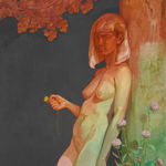 painting of a nude girl leaning against a tree and holding a small flower