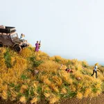 miniature diorama by Abigail Goldman of three elderly woman hunting a group of people running away