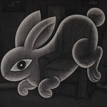 black and white painting of a ghost rabbit floating in a living room