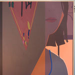 detail of a painting on a wooden room divider by artist Adrian Kay Wong depicting layered composition of an interior setting with two individuals sitting at a table, obscured by a partially opened door and door frame respectively