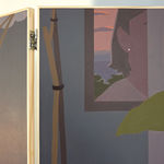detail of a painting on a wooden room divider by artist Adrian Kay Wong depicting layered composition of an interior setting with two individuals sitting at a table, obscured by a partially opened door and door frame respectively