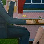 painting of a man and woman sitting at a table with hands reaching to each other across the table