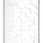 Framed all white wood relief sculptural piece made up of spiral shapes and curves by artist Scott Albrecht