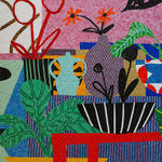 Mosaic still life of an interior with several potted plants and vases.