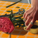 painting of a hand lightly uppoing a mug of coffee sitting on a table with an orange table cloth and flowers being cut next to it