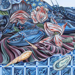 Detail of Sabrina Bockler painting of feast on table piled up - lobsters, florals, melons, etc
