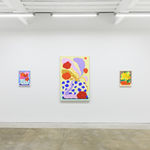 Install image of "Cosmic Bloom." From left to right, "Apple Elbow in Olive & Luminous Red," "Bouquet Painting No. 47," "Bouquet Painting No. 46," "Bouquet Painting No. 48," "Apple Elbow in Pale Peach & Luminous Yellow."