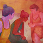 painting by artist genevieve cohn of three women kneeling close together, examining something in one of their cupped hands