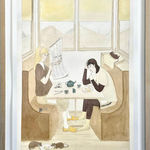 painting of two women sitting at a diner, one eating and one reading a newspaper, Around them are little rats eating or lounging.